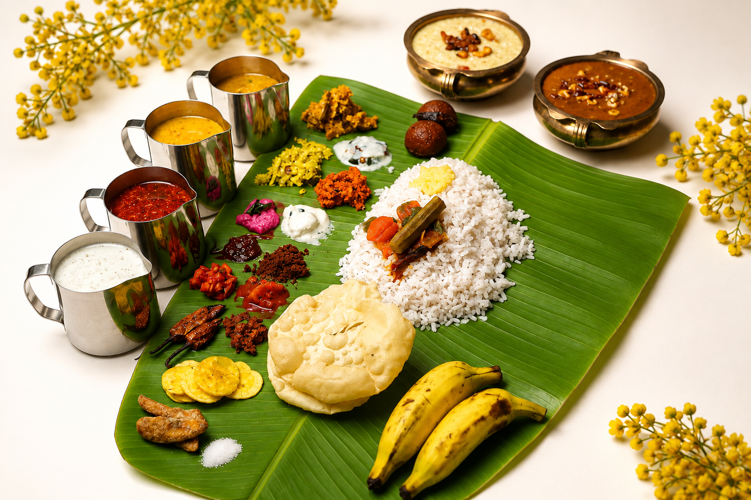 A traditional Kerala Onam Sadhya served on a banana leaf