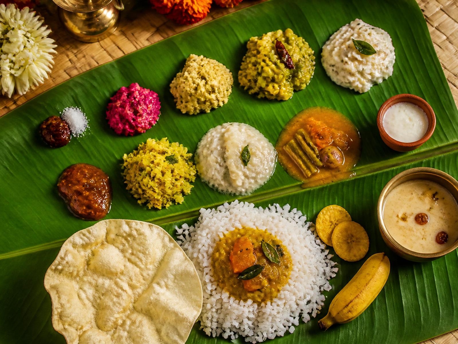 A traditional Kerala Onam Sadhya served on a banana leaf